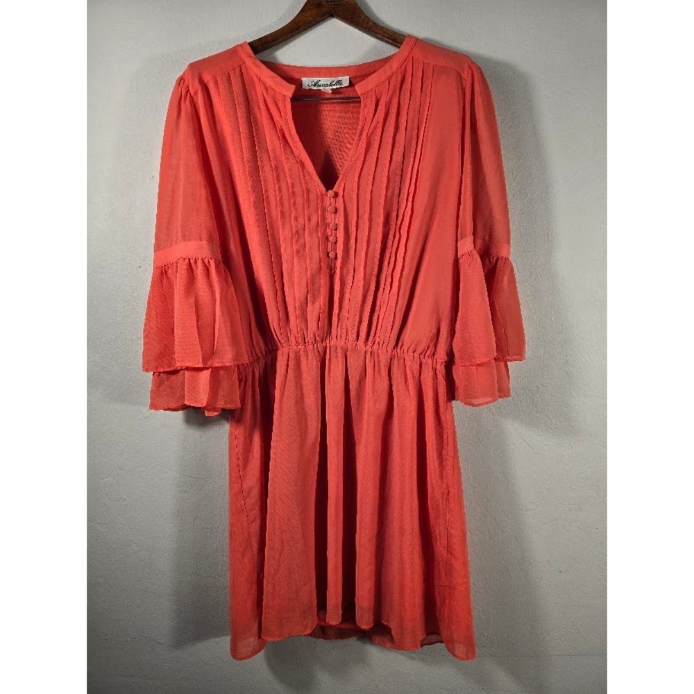 Annabelle Coral Dress Ruffle Sleeve Pleated Chiffon Boho V Neck Casual Career M